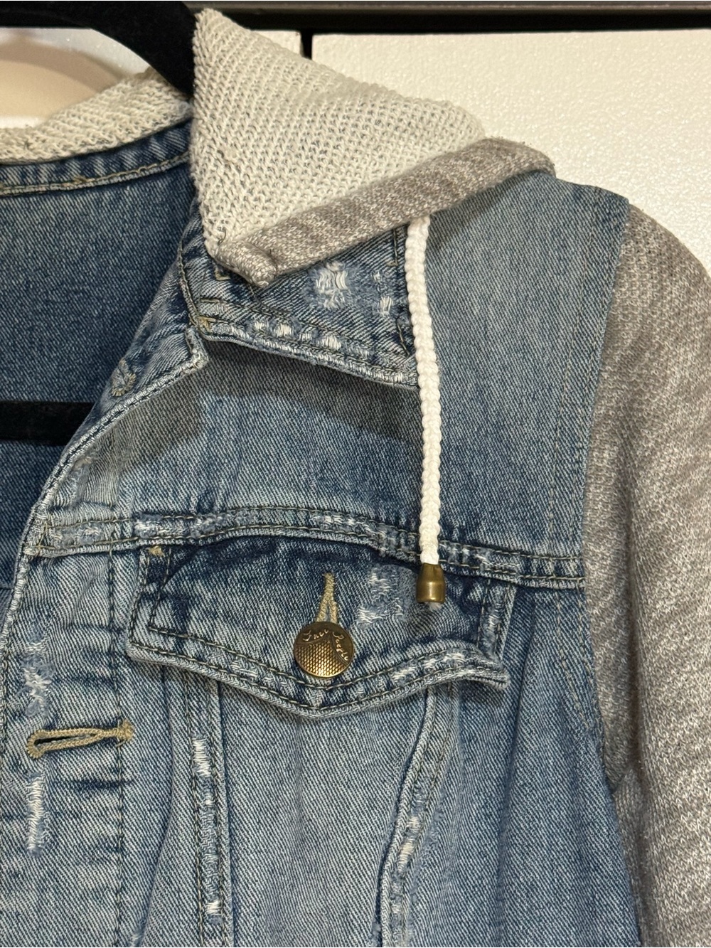 Free People Denim Hoodie Jacket M Distressed Knit Sleeve Jacket - Picture 5 of 16